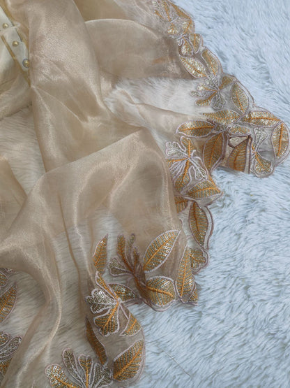 Beige Organza Silk Saree With Sequence Embroidery With Beautiful Cutting Border