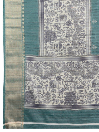 Green Soft Cotton Saree With Kalamkari Digital Printed Pallu & Zari Border