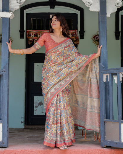 Kalamkari Digital Printed Linen Cotton Saree