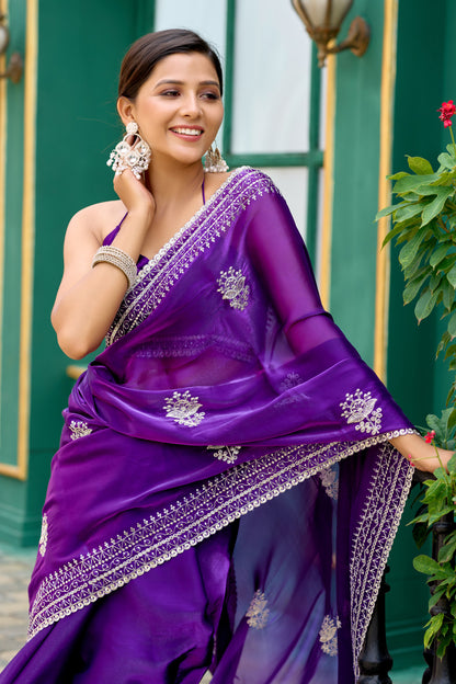 Purple Fancy Shimmer Chiffon Saree With Embroidery Work