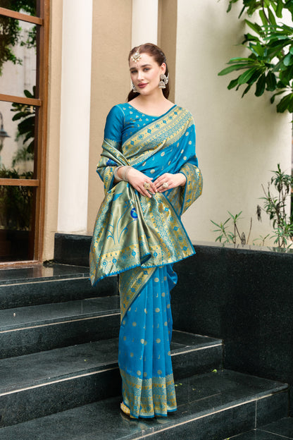 Traditional Firoji Paithani Silk Saree With Zari Weaving Work