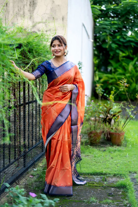 Orange Color Tussar Silk Saree With Digital Printed Work
