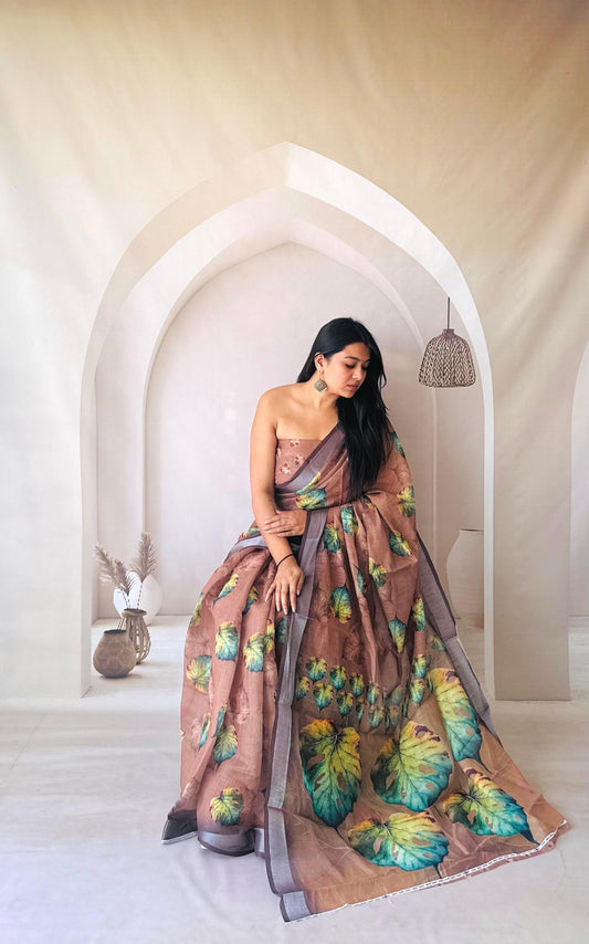 Coffee Digital Printed Flowy Linen Cotton Saree