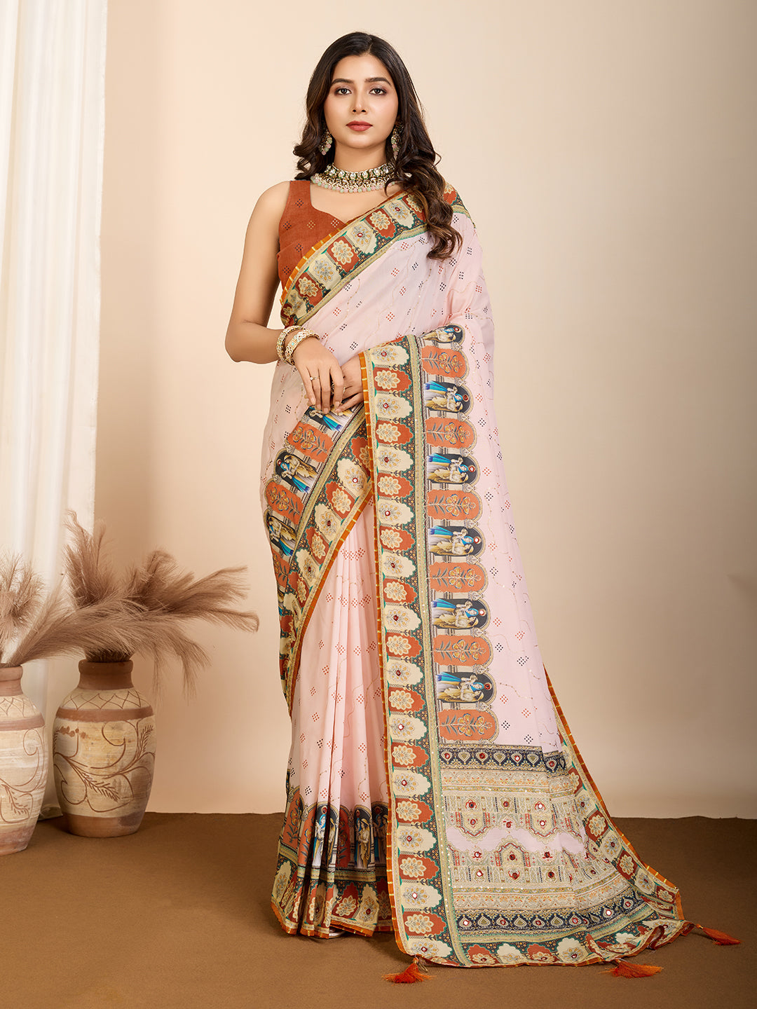 Peach Fancy Muslin Cotton Saree With Digital Printed Work