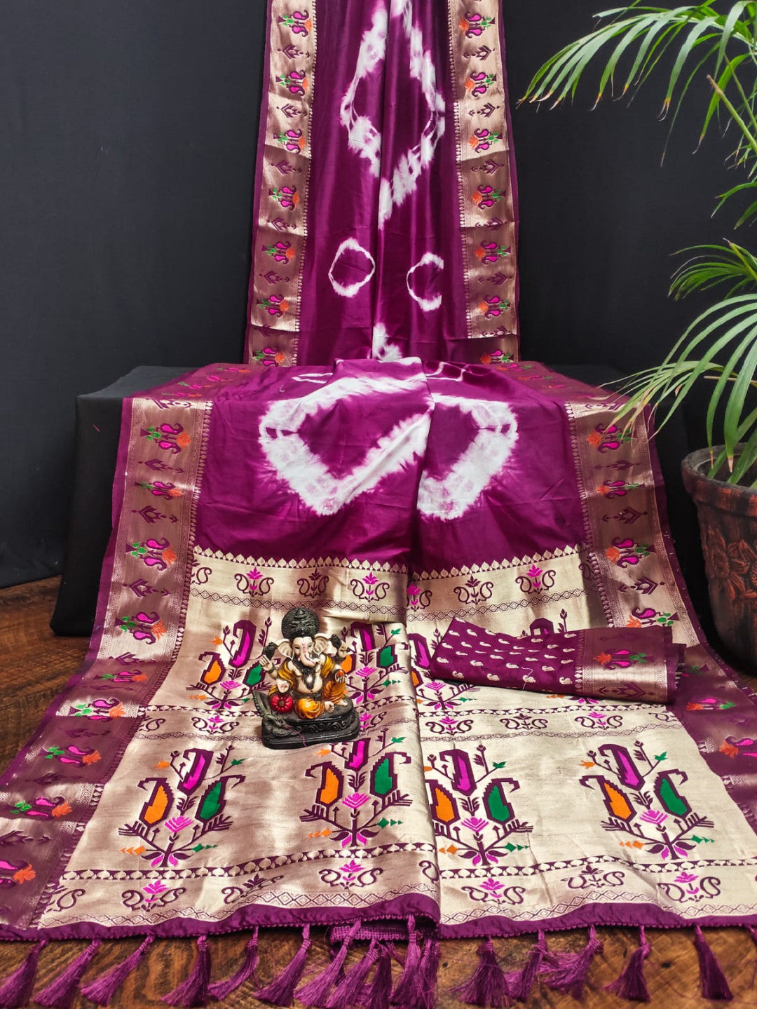 Magenta Color Soft Dola Silk Saree With Shibori Print & Zari Weaving Work