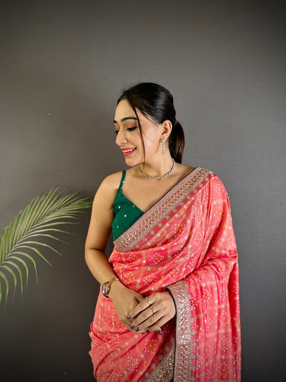 Peach Traditional Blooming Vichitra Khadi Bandhej Silk Saree With Sequence Work