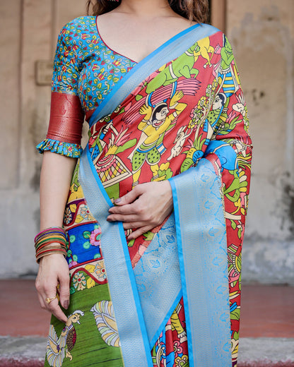 Multi Fancy Kalamkari Digital Printed Tussar Silk Saree