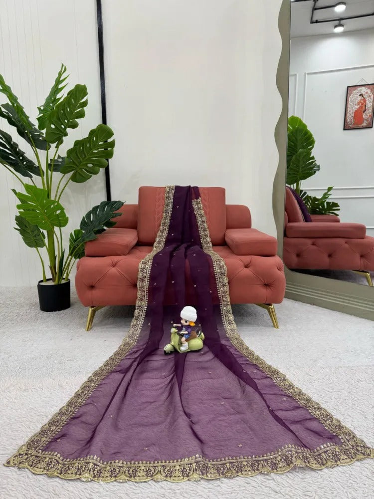 Magenta Organza Silk Saree With Embroidery Lace Border With All Over Butta Work