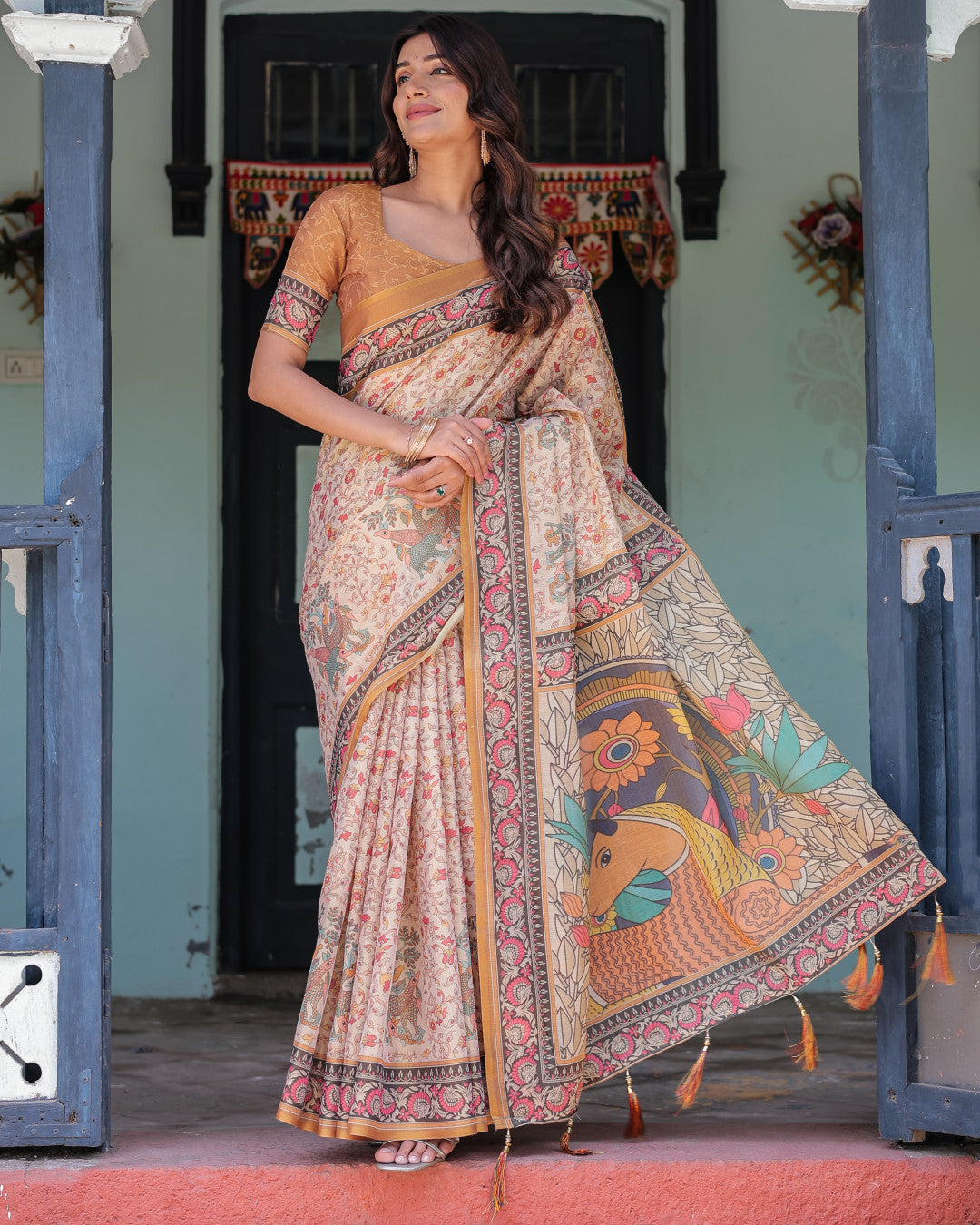 Kalamkari Digital Printed Linen Cotton Saree