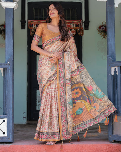 Kalamkari Digital Printed Linen Cotton Saree