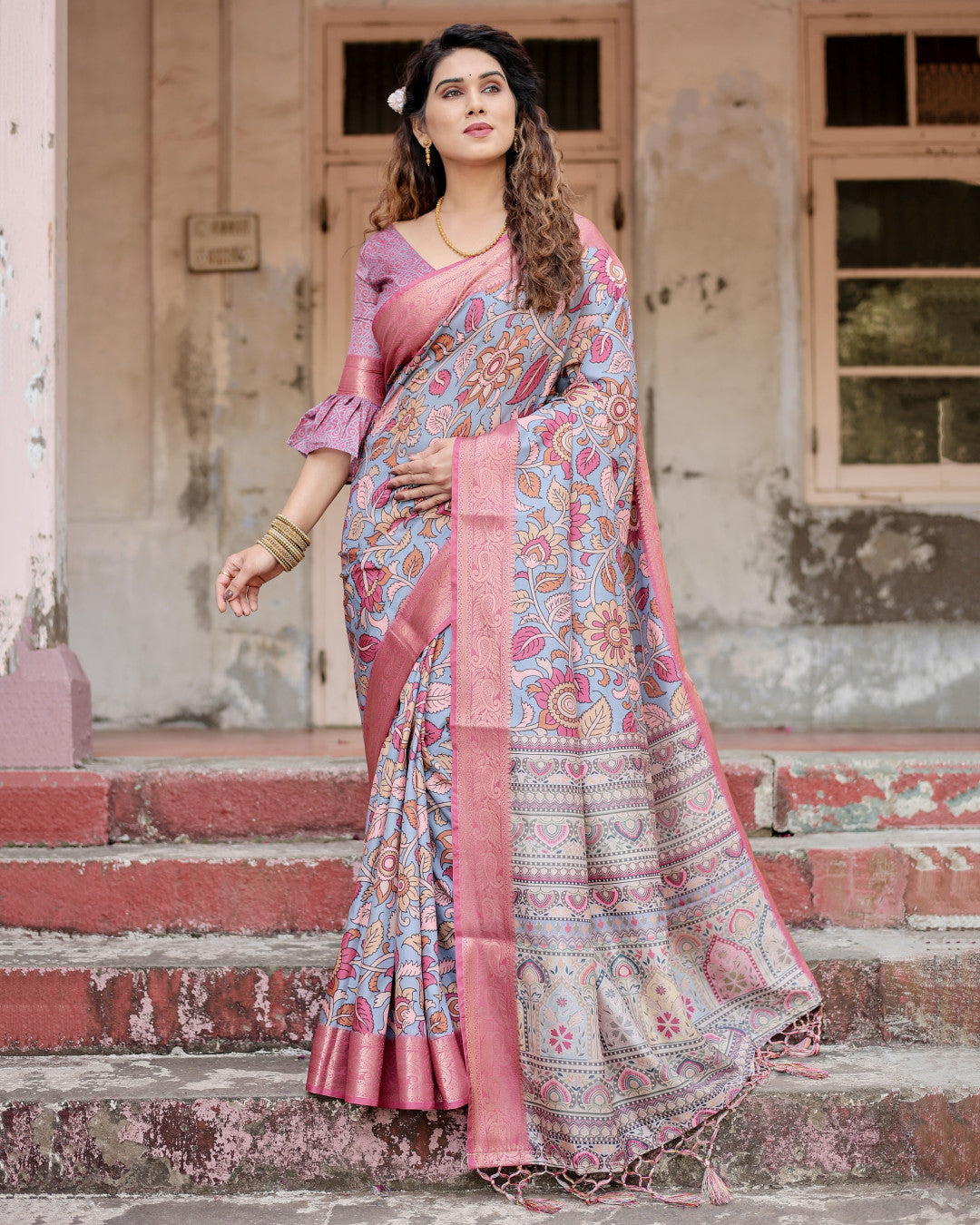 Multi Kalamkari Digital Printed Dola Silk Saree With Gold Zari Border