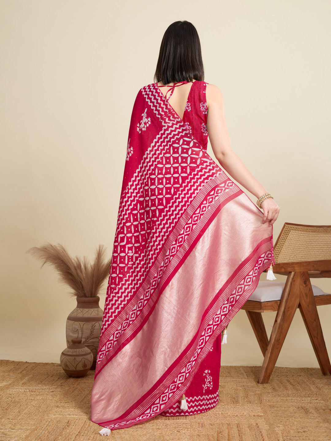 Rani Pink Batik Printed Soft Cotton Saree With Sequence Work