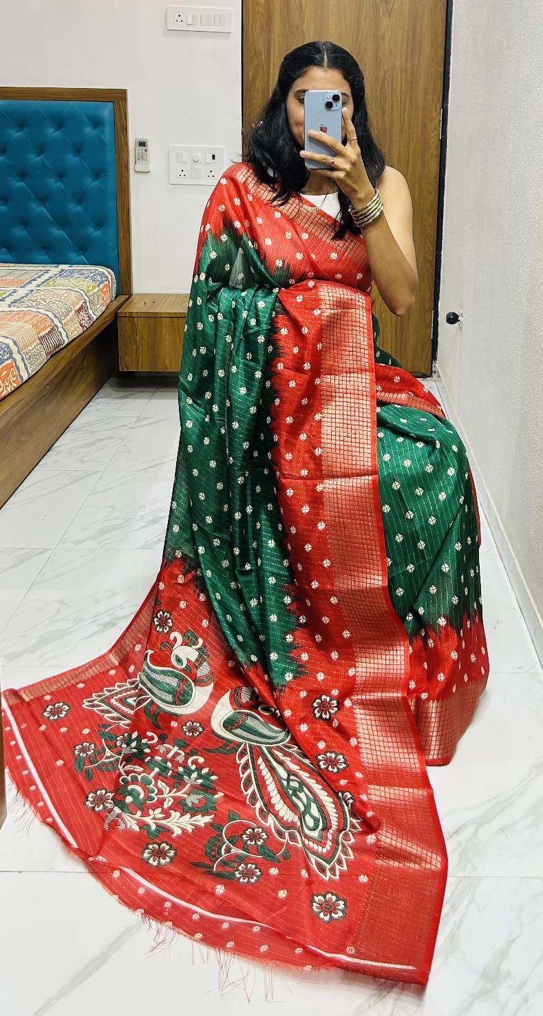 Bandhej Printed Dola Silk Saree With Kalamkari Printed Pallu