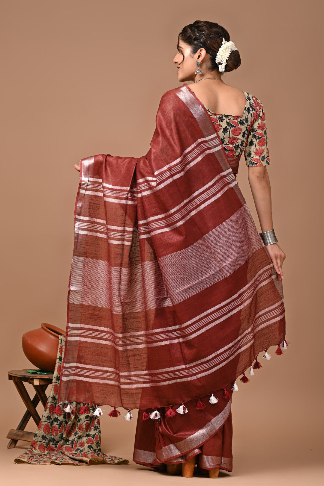 Maroon Colour Pure Plain Linen Cotton Saree With Ajrakh Blockprinted Cotton Blouse