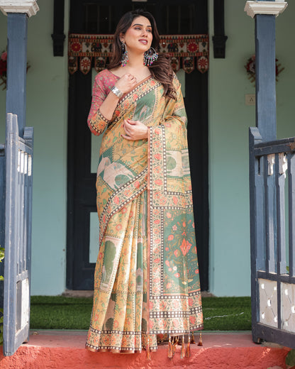 Soft Linen Cotton Saree With Kalamkari Printed Work