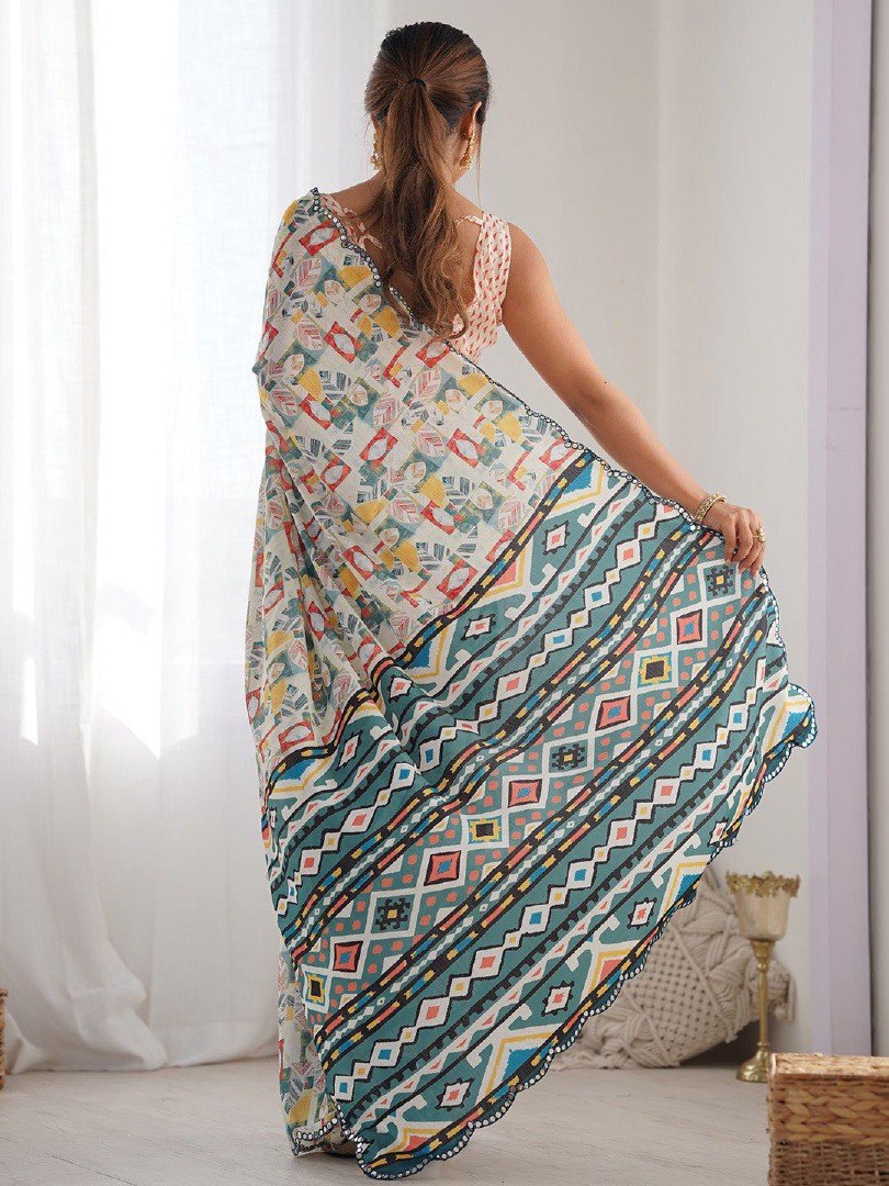 White Color Georgette Saree With Printed And Mirror Work With Arco Border