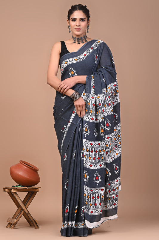 Black Pure Mulmul Cotton Saree With Bagru Hand Block Printed Work