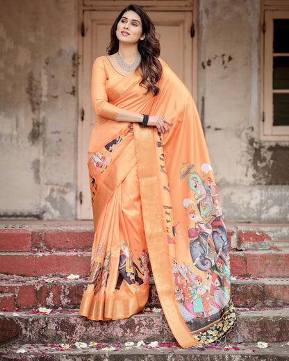 Orange Kalamkari Digital Printed Dola Silk Saree With Gold Zari Border