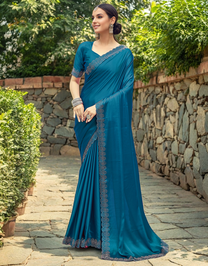 Party Wear Morpeach Satin Silk Fancy Saree With Siroski Work