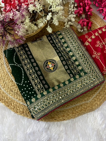 Green Vichitra Silk Saree With Khadi Bandhej Heavy Pallu With Hotpcs C Pallu Work