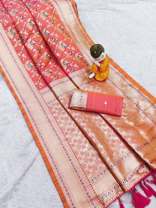 Peach Premium Banarasi Silk Saree With Meenakari Zari Weaving Work