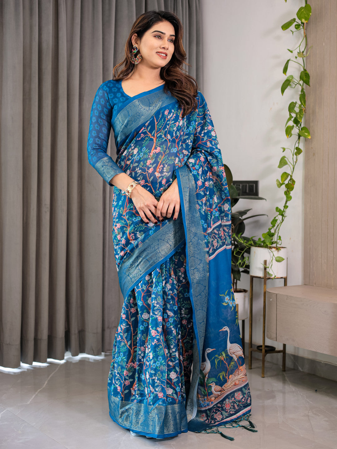 Blue Kalamkari Digital Printed Linen Cotton Saree