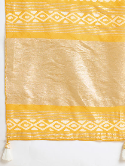 Yellow Batik Printed Soft Cotton Saree With Sequence Work