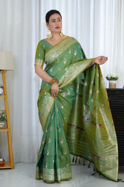 Green Pure Soft Banarasi Saree With Meenakari Weaving Work