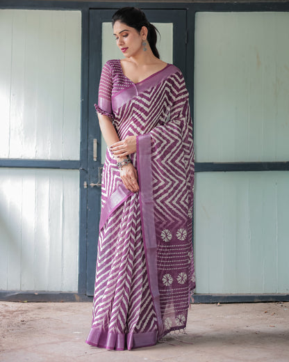 Magenta Soft Linen Cotton Saree With Digital Printed Work
