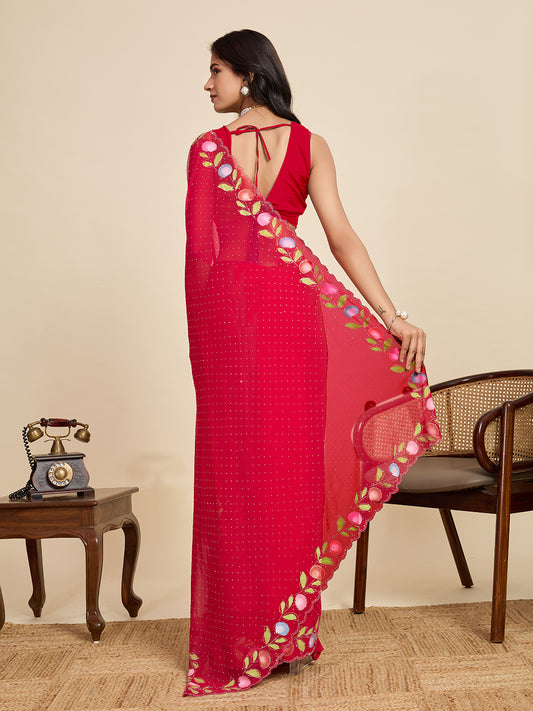 Red Color Georgette Saree With Brush Print And Siroski Work