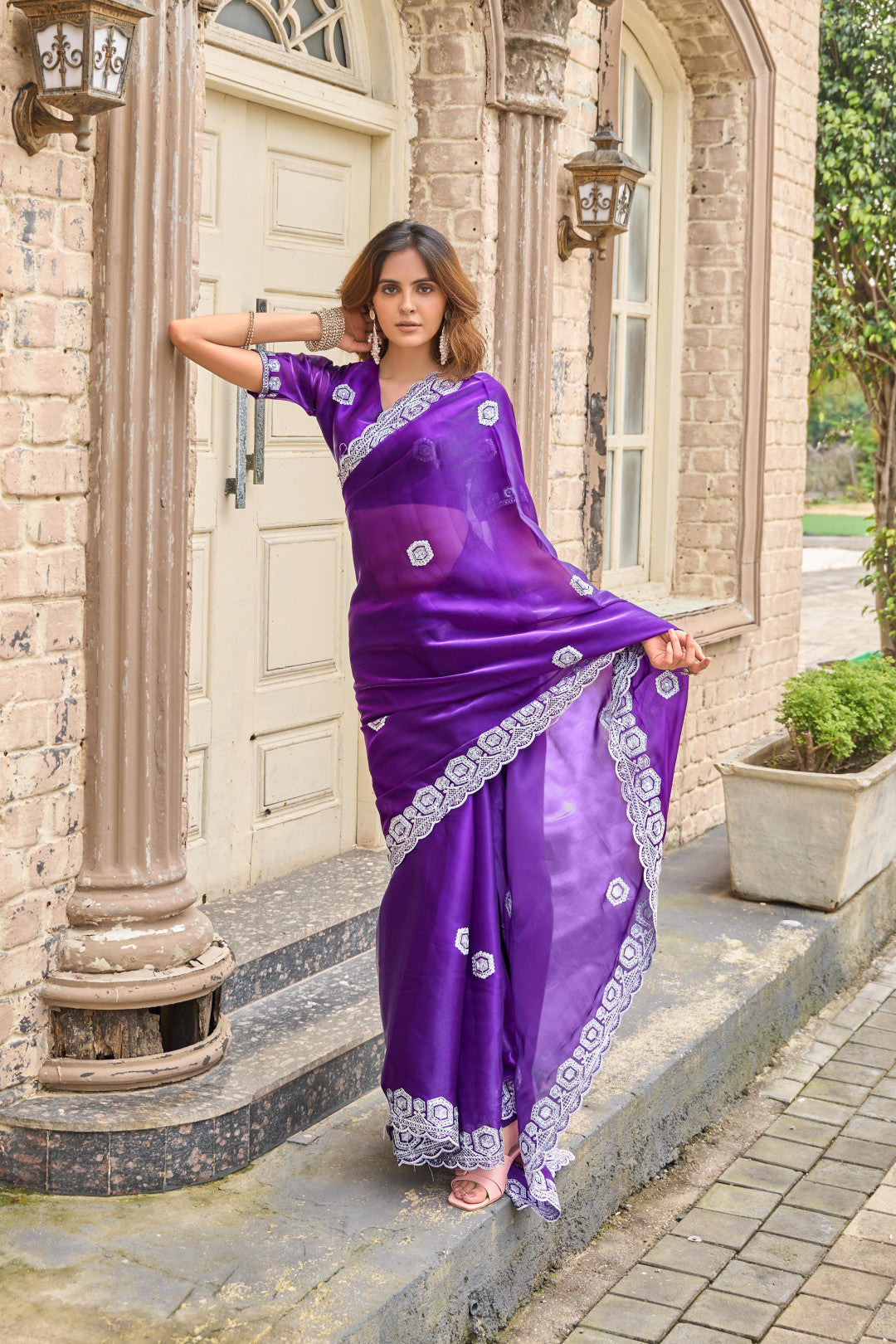Purple Fancy Shimmer Chiffon Saree With Embroidery Work