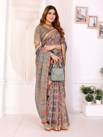 Multi Colour Chanderi Cotton Saree With Digital Printed Work
