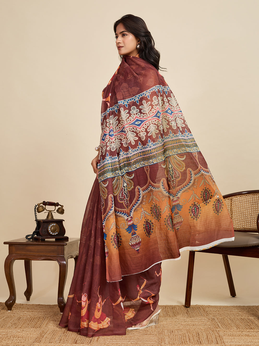 Maroon Linen Cotton Saree With Digital Printed Work And Silver Zari Border