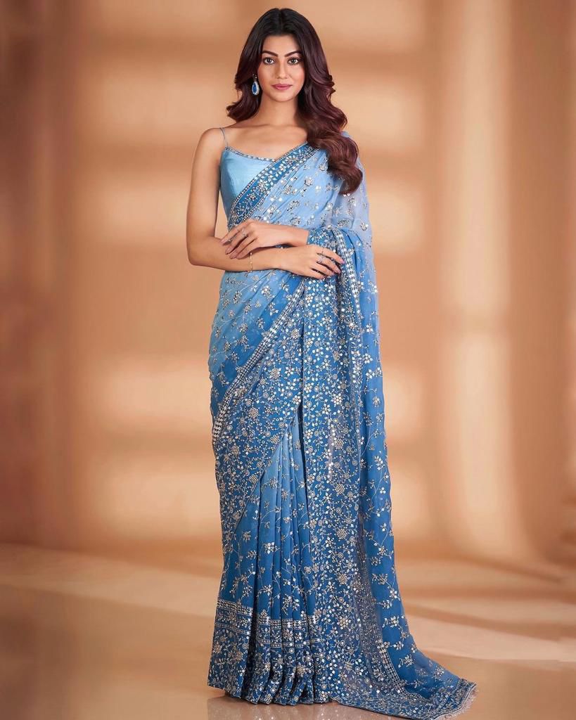 Multi Colour Georgette Saree With Coding Sequence Zari Embroidery Work Border