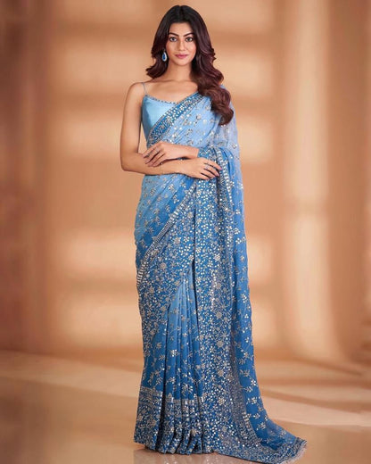 Multi Colour Georgette Saree With Coding Sequence Zari Embroidery Work Border