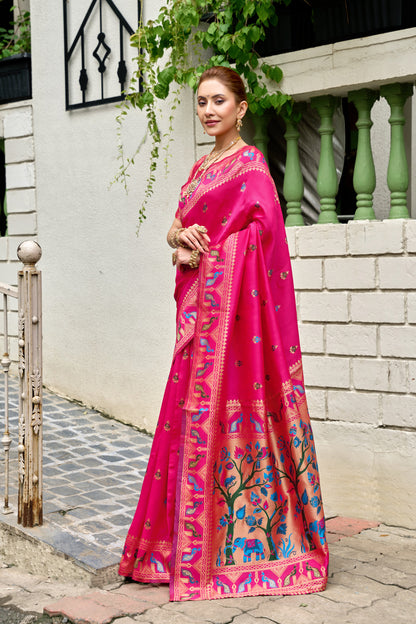 Traditional Pink Paithani Silk Saree With Zari Weaving Work