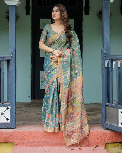 Multi Kalamkari Digital Printed Linen Cotton Saree