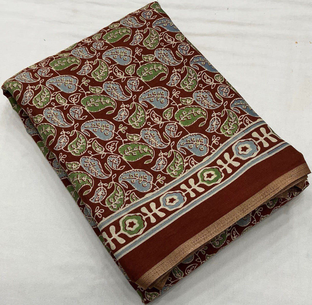 Brown Ajrakh Printed Soft Cotton Saree