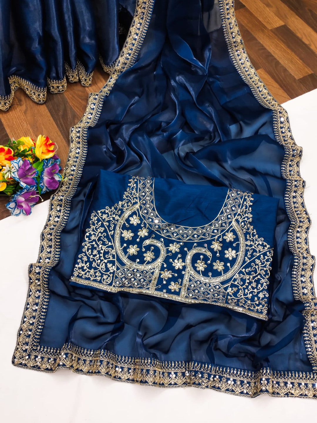 Navy Blue Fancy Jimmy Choo Satin Silk Saree With Embrodery & Sequence Work