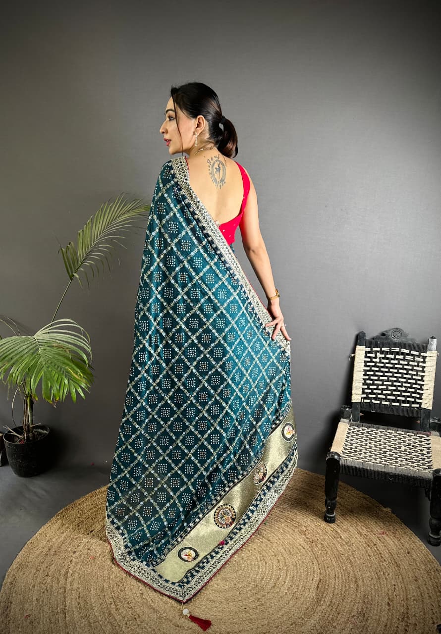 Firoji Traditional Blooming Vichitra Khadi Bandhej Silk Saree With Sequence Work