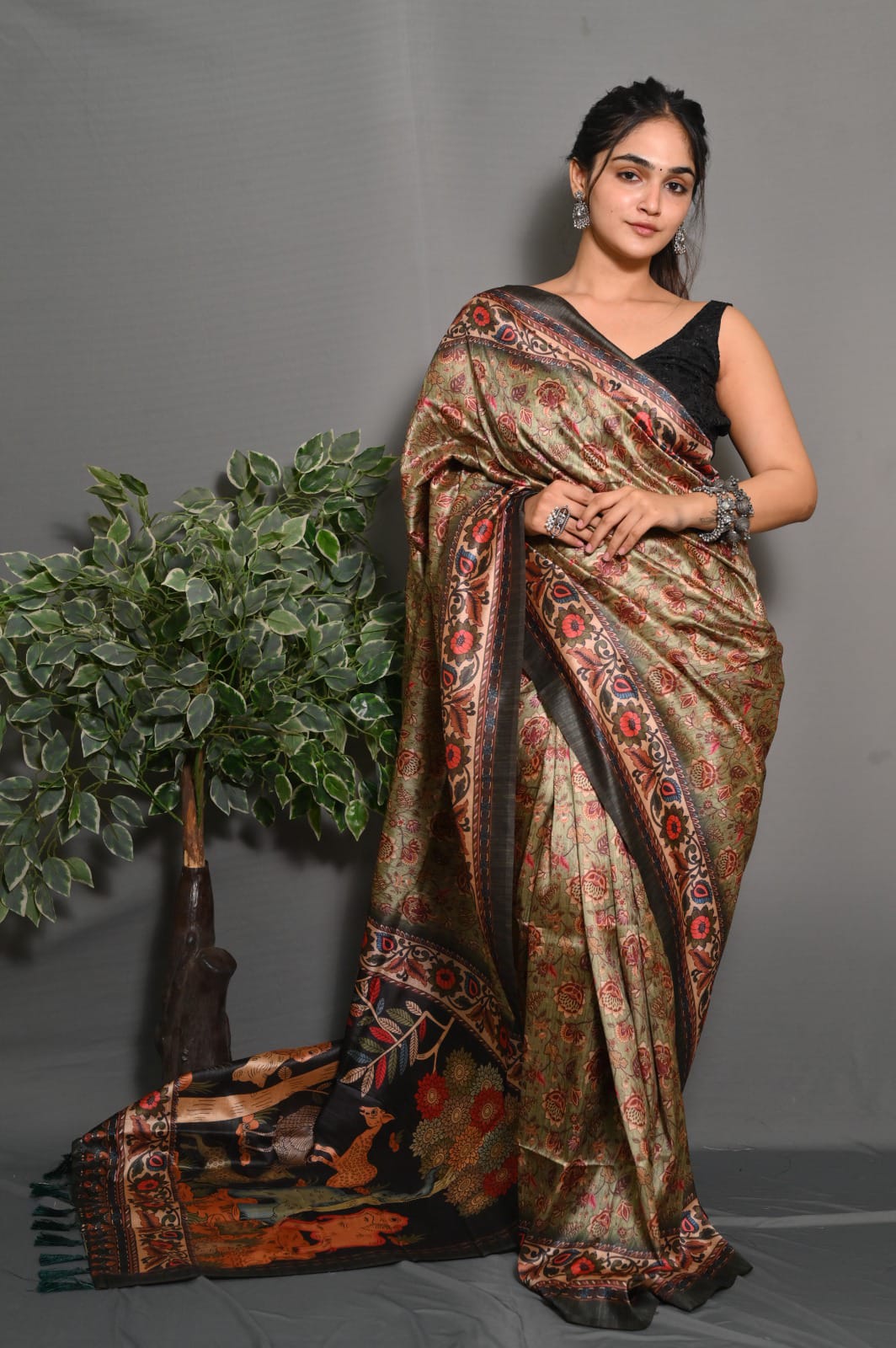 Pista Green Color Soft Silk Saree With Kalamkari Digital Printed Work
