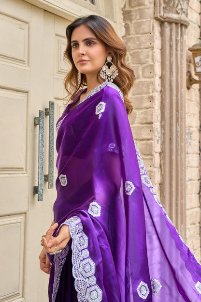 Purple Fancy Shimmer Chiffon Saree With Embroidery Work