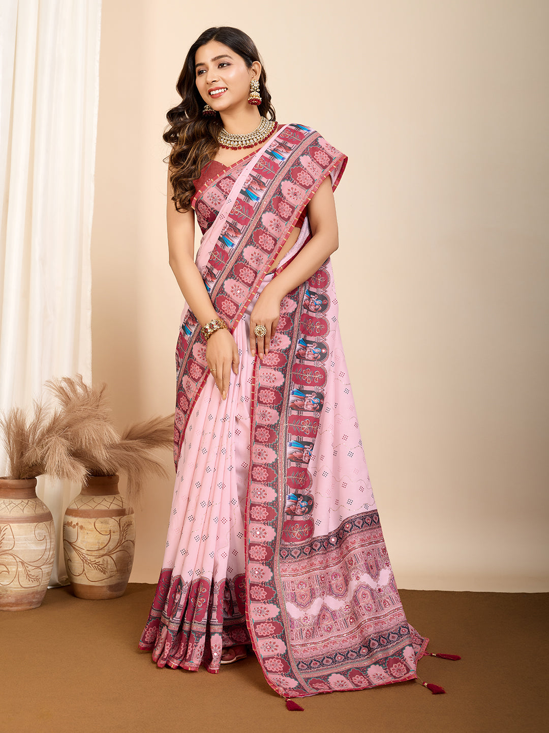 Baby Pink Fancy Muslin Cotton Saree With Digital Printed Work