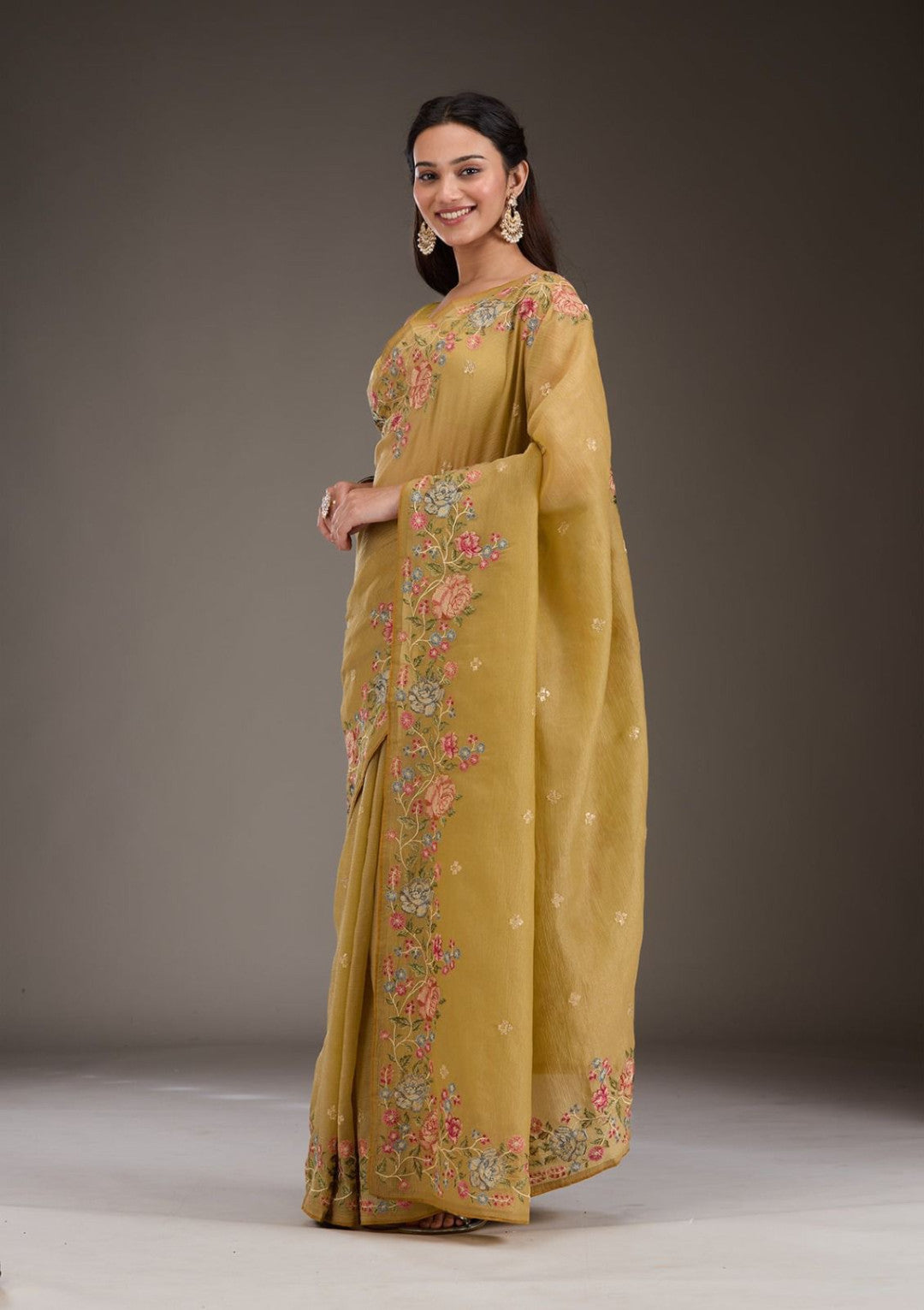 Mustard Yellow Fancy Crunchy Silk Saree With Multi Thread Work And Piping Lace Border