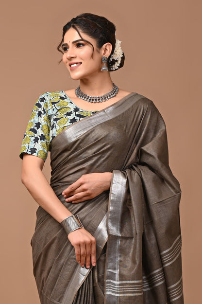 Gray Colour Pure Plain Linen Cotton Saree With Ajrakh Blockprinted Cotton Blouse
