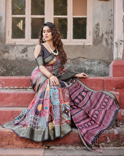 Multi Digital Kalamkari Printed Tussar Silk Saree With Zari Motif Border