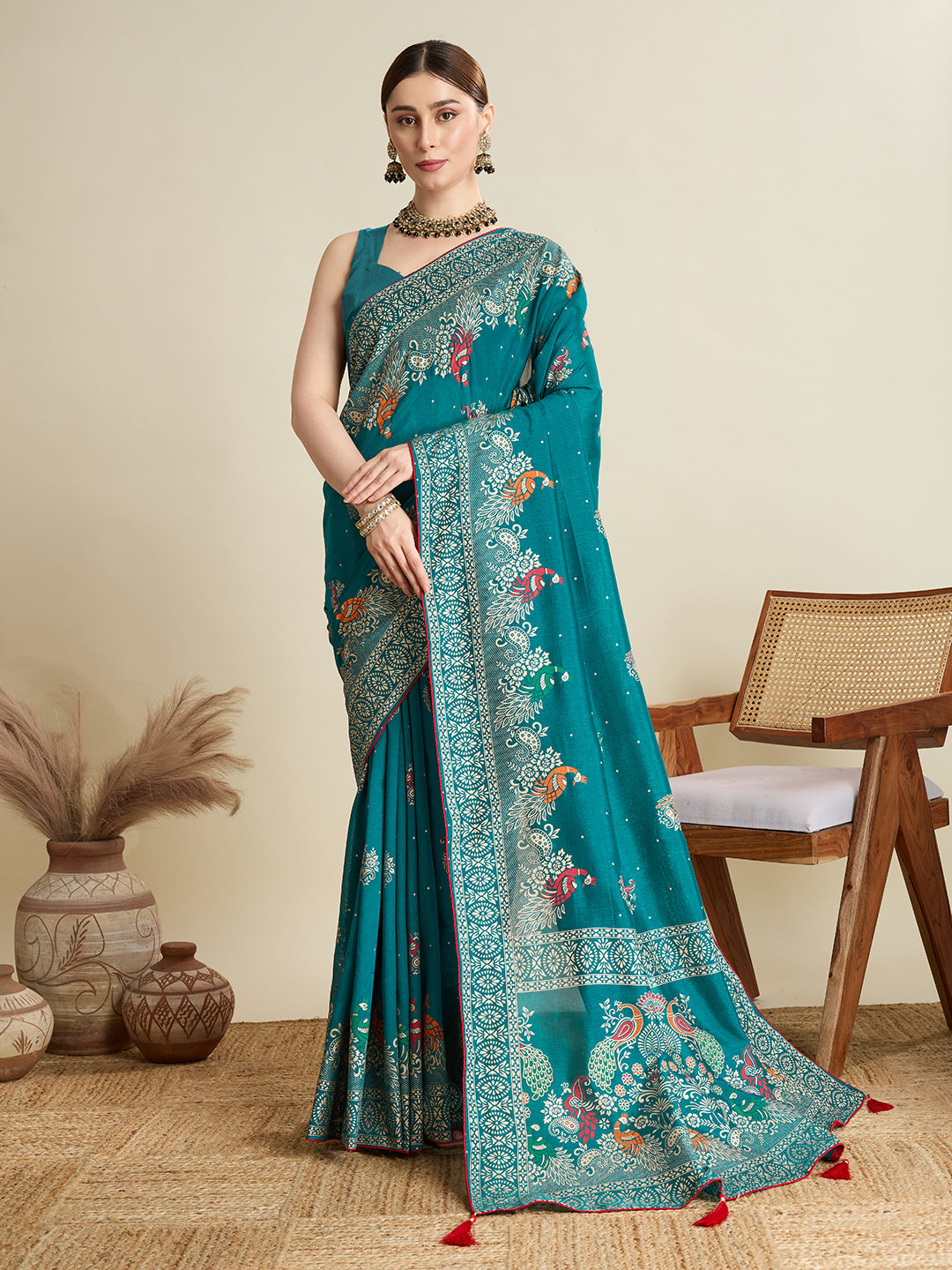 Rama Green Cotton Saree With Table Printed And Foil Work With Pipeing Border