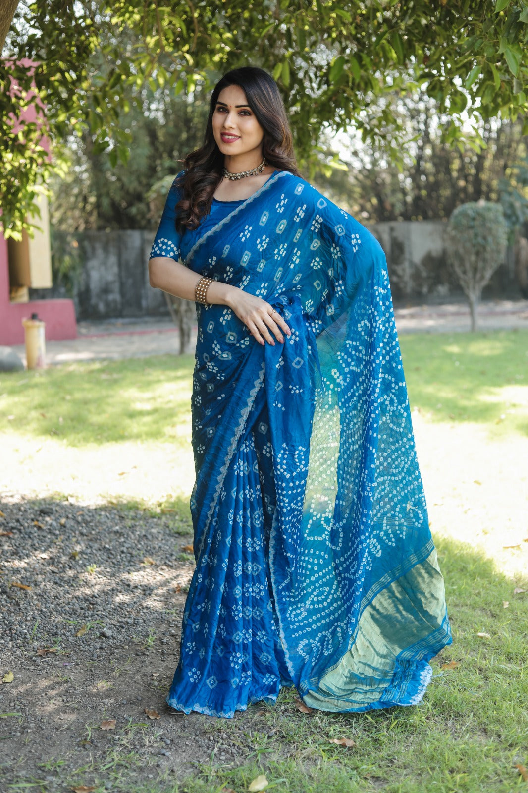 Firoji Color Bandhej Silk Saree With Printed Work