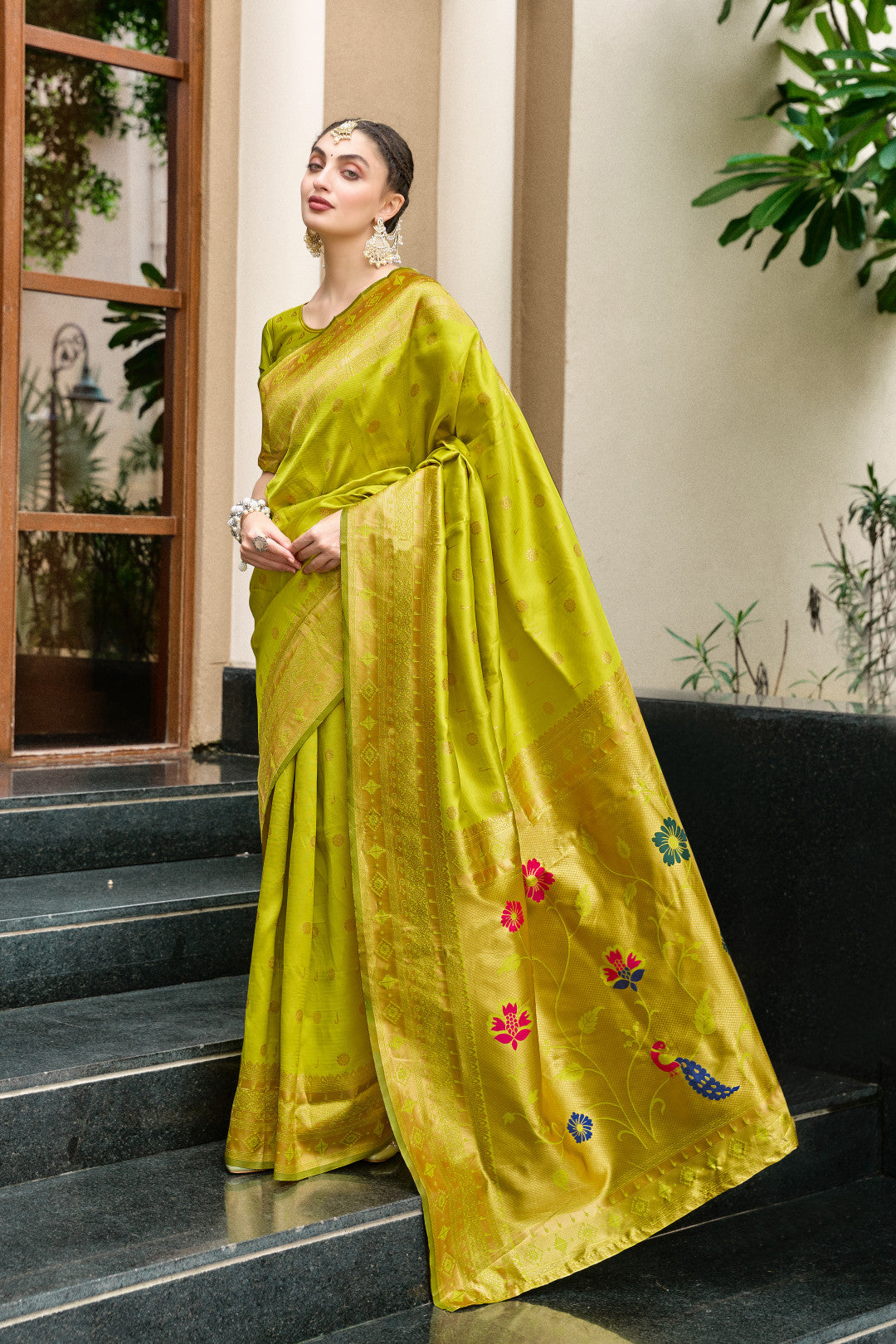 Traditional Parrot Green Paithani Silk Saree With Zari Weaving Work