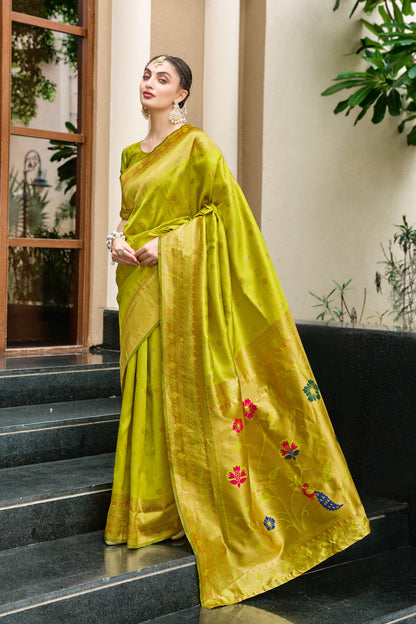 Traditional Parrot Green Paithani Silk Saree With Zari Weaving Work